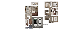 A diagram shows a two-story house with a garage for two cars.