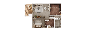 A floor plan of a small apartment with a bedroom, bathroom, and kitchen.
