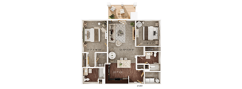 A floor plan of a house with a living room, kitchen, dining room, and bathrooms.