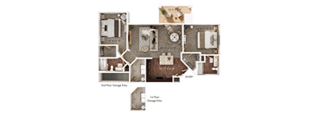 A floor plan of a house with two garage entries.
