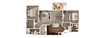 A floor plan of a house with a kitchen, living room, dining room, and bathrooms.