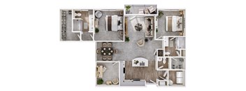 A top-down view of a house layout with a kitchen, living room, dining room, and bedrooms.