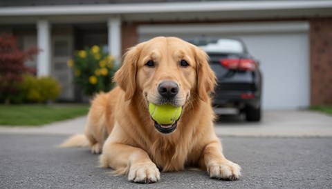 A golden retriever dog is lying on the ground with a tennis ball in its mouth.