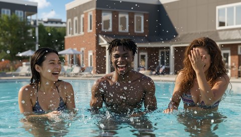Three people are splashing in a pool.