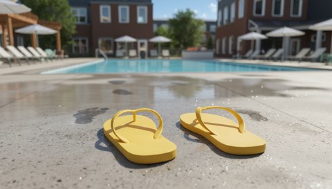 A pair of yellow flip flops is on the ground by a pool.