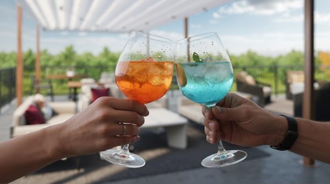 Two people toasting with drinks in a sunny outdoor setting.