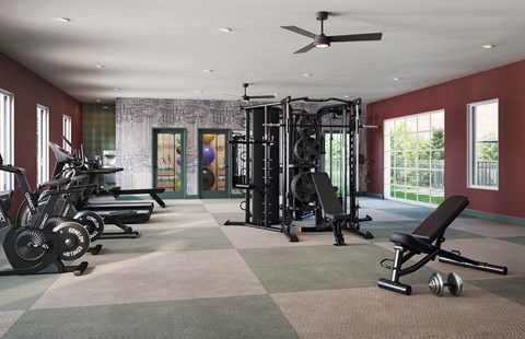 A gym with a variety of equipment including weights and cardio machines.