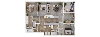 A top-down view of a house layout with a kitchen, living room, dining room, and bedrooms.