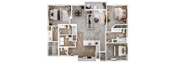 A top-down view of a house layout with various rooms and furniture.