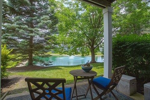 A table with a bowl on it sits on a porch with a view of a lake.