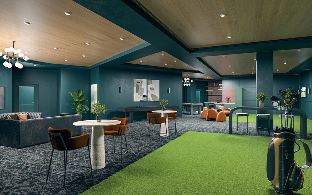 Speakeasy lounge with golf simulator and wine and cold brew taps.