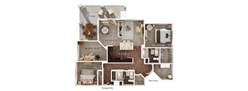 A floor plan of a house with a main entry and a garage entry.