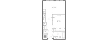 A floor plan of a small apartment with a living room, dining room, kitchen, bathroom, and bedroom.