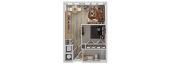 A 3D floor plan of a small apartment with a kitchen, living room, and bathroom.
