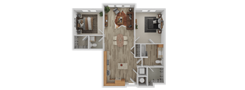 A top-down view of a house layout with a living room, kitchen, and two bedrooms.