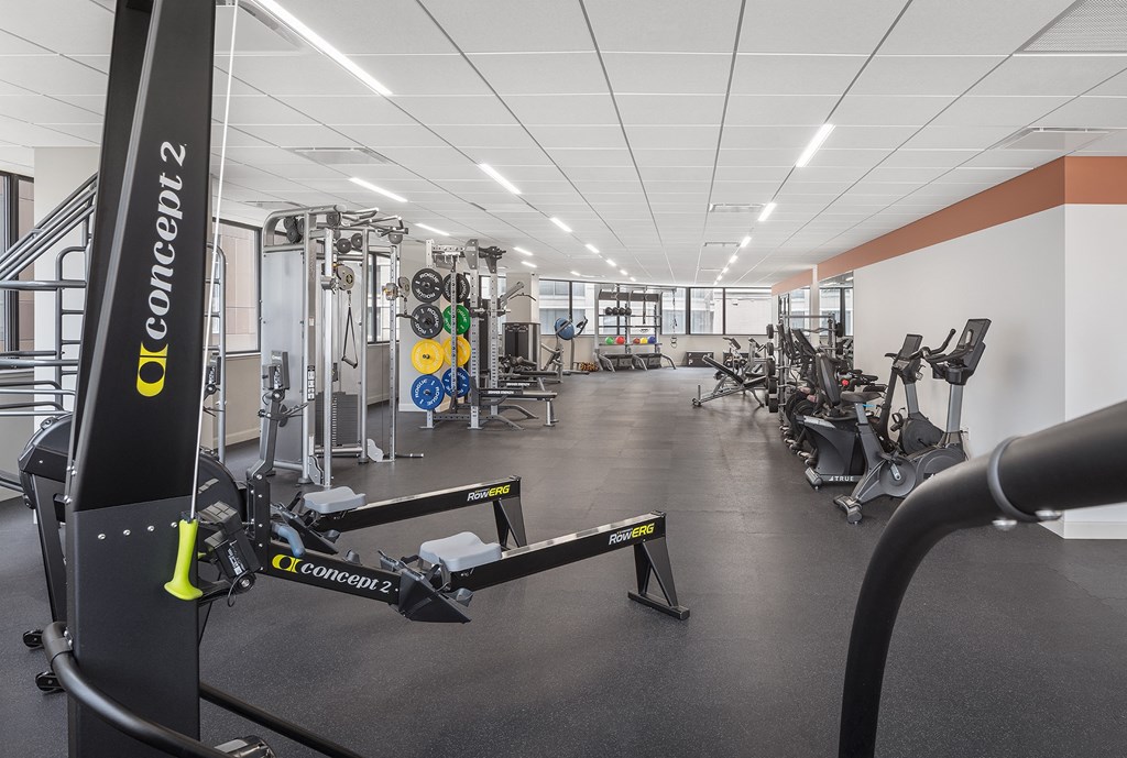 a gym with cardio equipment and weights on the floor