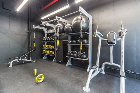 A gym with a weight rack, a bench, and a weight stack.