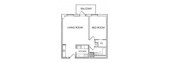 A floor plan of a small apartment with a living room, bedroom, kitchen, and balcony.