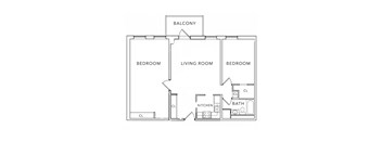 A floor plan of a home with a living room, two bedrooms, a kitchen, and a bathroom.