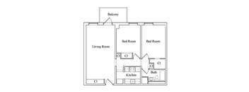 A floor plan of a home with a living room, two bedrooms, a kitchen, and a bathroom.