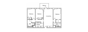 A floor plan of a house with a balcony and four bedrooms.
