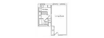 A floor plan of a living room with a kitchen and bathroom.
