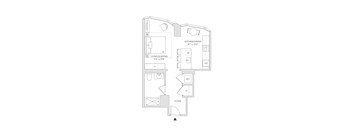 A floor plan of a small apartment with a living/sleeping area, kitchen/dining area, and a foyer.