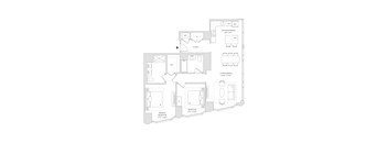 A floor plan of a house with a living room, dining room, kitchen, and two bedrooms.