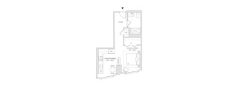 A floor plan of a small apartment with a living area, kitchen, and bathroom.