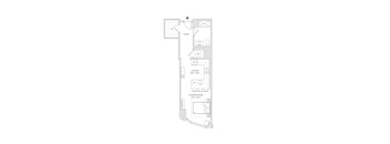 A floor plan of a small apartment with a living/sleeping area and a kitchen.