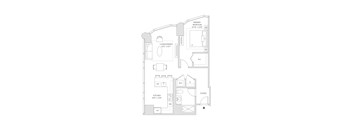 A floor plan of a house with a living/dining room, kitchen, and two bathrooms.