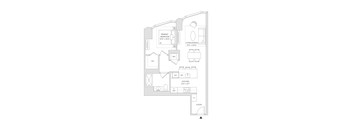 A floor plan of a small apartment with a primary bedroom, living/dining area, kitchen, and foyer.