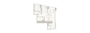 A floor plan of a house with a living room, dining room, kitchen, and a bedroom.