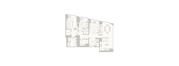 A floor plan of a house with a primary bedroom, a larger bedroom, a living room, a kitchen, a foyer, and a laundry room.