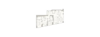 A floor plan of a house with a living room, dining room, kitchen, and two bathrooms.