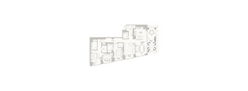 A floor plan of a house with a garage, living room, dining room, kitchen, and two bedrooms.
