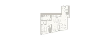 A floor plan of a house with a living room, dining room, kitchen, and two bathrooms.