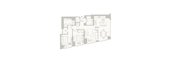 A floor plan of a house with a living room, two bedrooms, a bathroom, and a kitchen.