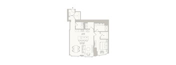 A floor plan of a house with a living room, dining room, kitchen, and two bedrooms.