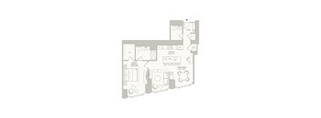 A floor plan of a house with a living room, dining room, kitchen, and two bedrooms.