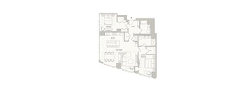 A floor plan of a house with a living room, dining room, kitchen, and two bedrooms.