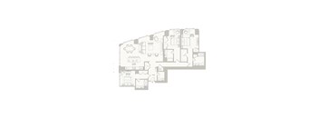 A floor plan of a house with a living room, dining room, kitchen, and two bedrooms.