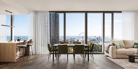 A modern living room with a view of the cityscape.
