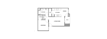 A floor plan of a living space with a bedroom, kitchen, dining area, and bathroom.