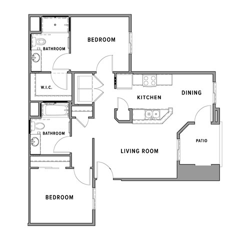 A floor plan of a house with a living room, kitchen, dining area, and three bedrooms.