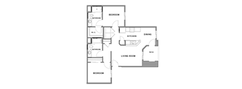 A floor plan of a house with a living room, kitchen, dining area, and three bedrooms.