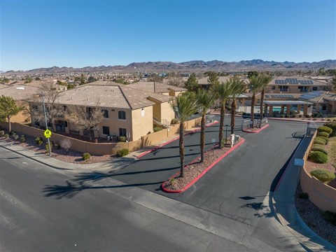 A street view of a residential area with houses and palm trees.
