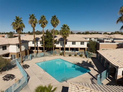A swimming pool surrounded by palm trees and buildings.