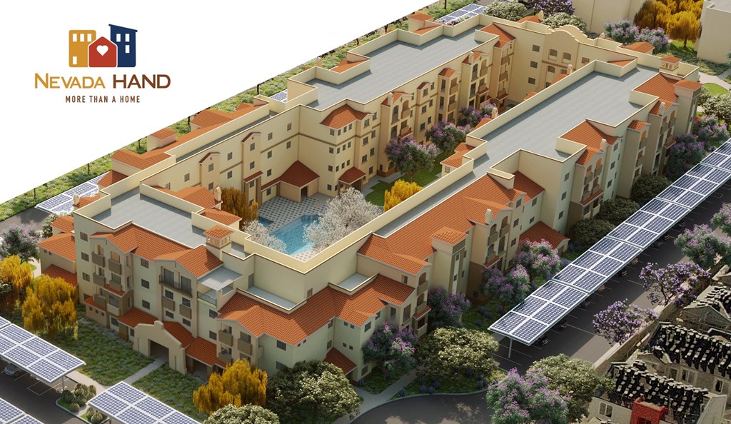 a model of a building with solar panels