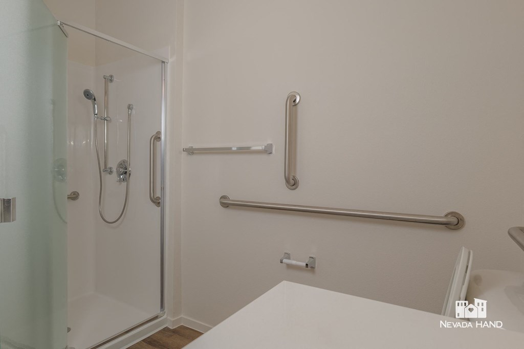 a bathroom with grab bars and a shower and a sink
